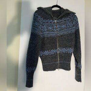 Free People Gray and Blue Cowl Neck Sweater with Nordic Pattern